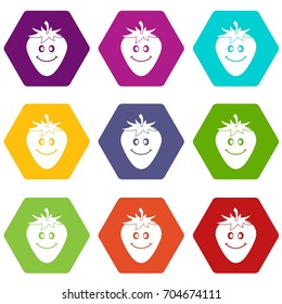Ripe smiling strawberry icon set many color hexahedron isolated on white vector illustration