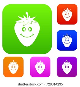 Ripe smiling strawberry set icon color in flat style isolated on white. Collection sings vector illustration