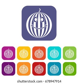Ripe smiling watermelon icons set vector illustration in flat style In colors red, blue, green and other