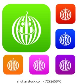 Ripe smiling watermelon set icon color in flat style isolated on white. Collection sings vector illustration