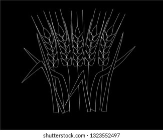 ripe spikelets and grains of wheat composition on black background. Delicious and healthy dinner. Elements for label design. Vector illustration. Cereals ingredients in triangulation technique.