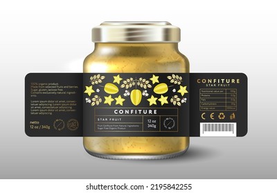 Ripe star fruit or carambola confiture. Sweet food. Black label with slices of starfruit, cut fruits and gold leaves. Mockup of Glass Jar with Label.