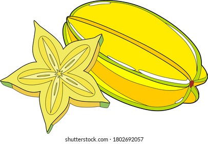 Ripe Star fruit with slice isolated on transparent background. Averrhoa carambola, star apple, starfruit. Vector illustration
