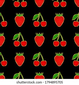 Fresas y cerezas maduras, sin costuras. Ilustración vectorial.