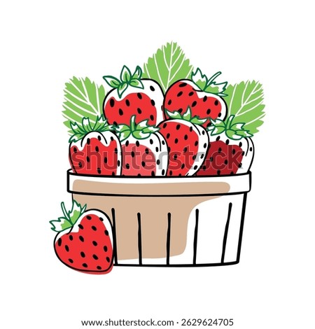 Ripe strawberries in eco-friendly packaging. Summer juicy berries in doodle style