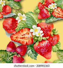 Ripe strawberries with flowers watercolor seamless pattern on yellow background vector illustration