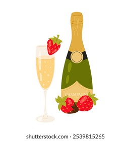 Ripe strawberries with a glass of champagne. Bottle of champagne. Sparkling wine. Alcoholic beverages. Flat vector illustration.