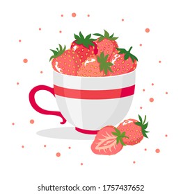 Ripe strawberries in a mug. Vector Botanical illustration isolated on a white background in a flat style.