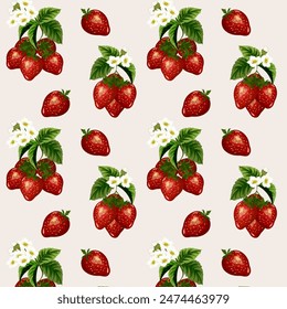 Ripe strawberries on a light background.Vector seamless pattern with bright ripe strawberries on a colored background.
