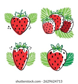 Ripe strawberries on a white background. Cute summer berries with green leaves in doodle style