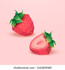 Ripe strawberries in paper art style isolated on light pink background. One is whole fruit, one is chopped