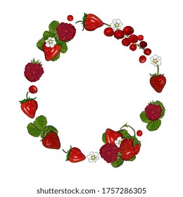 ripe strawberries, raspberries and red currants round frame, wreath. Red berries hand drawing isolated on a white background. Design for packaging, menus, wrappers, invitations.