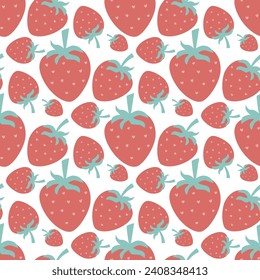 Ripe strawberries seamless pattern. Garden juicy red berries, hand drawn continuous background. Berry summer print for textile, paper, packaging and design, vector illustration