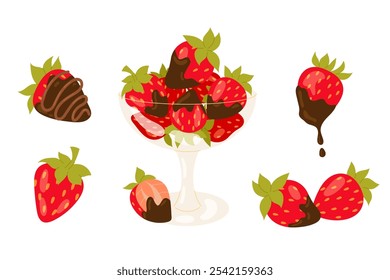 Fresas maduras. Conjunto de Ilustraciones vectoriales de fresas cubiertas de chocolate, mitad fresa, baya dulce. Producto de confitería, postre sabroso, golosina para la fiesta.