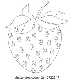 Morango maduro com contorno preto sobre fundo branco. Fruta suculenta. Ilustração vetorial para entretenimento infantil, livro de colorir, impressão.
