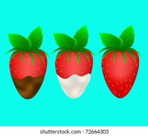 Ripe strawberry in chocolate and cream on a blue background