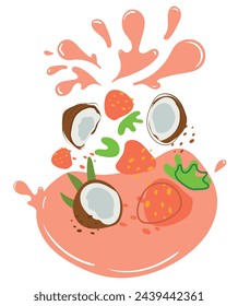 Fresa madura y coco con toques de jugo. Ilustración vectorial de jugo de fruta orgánica. Concepto de etiqueta ecológica para el sabor natural de fresa y coco. Diseño de vape, jugo, batido.