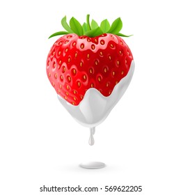 Ripe Strawberry Dipped in Sour Cream. Illustration on White Background