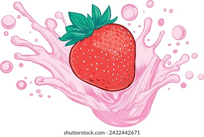 A ripe strawberry falling into pink milkshake