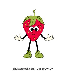 Ripe strawberry in flat style. Strawberry character. Funny cartoon retro character in flat style. Groovy strawberry.