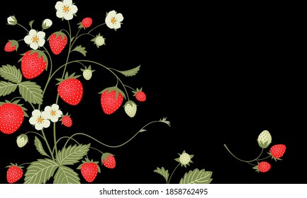 Ripe strawberry with fruits and flowers on a black background. Stylized floral card. Decorative print design. Vector illustration.