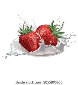 Ripe strawberry fruits in milk liquid.
