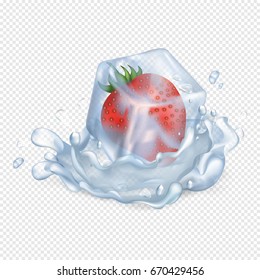 Ripe strawberry in glossy ice cube falls in water and make big splash isolated vector illustration on transparent background.
