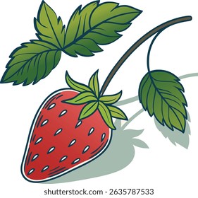 A ripe strawberry with green leaves and a natural seed pattern.
