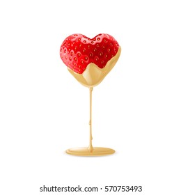 Ripe Strawberry in Heart Shape Dipped in White Chocolate Fondue
