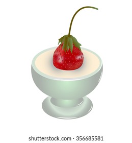 ripe strawberry in ice-cream bowl with sour cream
