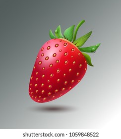 Ripe strawberry isolated with drops of dew, garden berry. 3D design. Vector illustration.