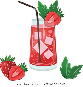 Ripe strawberry juice with straw. Summer refreshing drink.