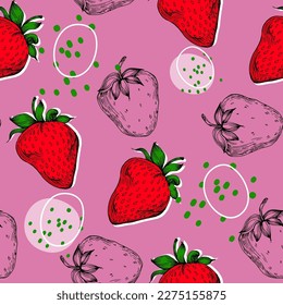 Ripe strawberry, strawberry lobules, flowers and leaves on white background. Vector shabby hand drawn illustration