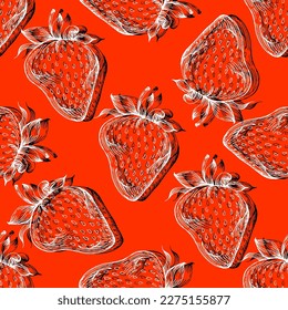 Ripe strawberry, strawberry lobules, flowers and leaves on white background. Vector shabby hand drawn illustration