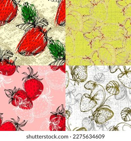 Ripe strawberry, strawberry lobules, flowers and leaves on white background. Vector shabby hand drawn illustration
