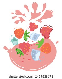 Ripe strawberry, raspberry and ice cubes with splashes of juice. Vector illustration of organic fruit juice. Eco label concept for natural strawberry and raspberry flavor with ice.