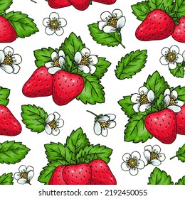 Ripe strawberry seamless pattern. Handdrawn red berries flowers, leaves endless background, packaging paper wallpaper fabric, cover surface design. Texture for greeting cards, posters, clothes prints