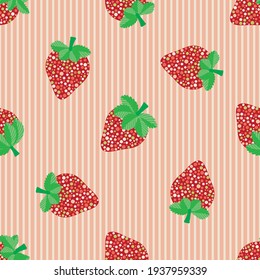 Ripe strawberry seamless vector pattern background. Hand drawn bubble textured red berries on striped pastel pink backdrop. Organic garden fruit repeat for healthy food or summer home grown concept