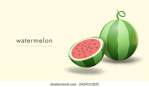 Ripe striped whole watermelon and half. Juicy summer vegetable, sweet natural snack