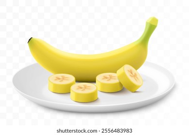 Ripe sweet banana on a white plate isolated on a transparent background. Whole banana and sliced. Healthy vitamin food. Realistic 3d vector illustration