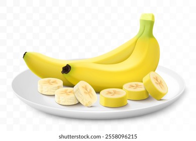 Ripe sweet banana on a white plate isolated on a transparent background. Whole banana and sliced. Healthy vitamin food. Realistic 3d vector illustration