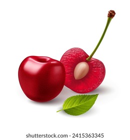 Ripe sweet Cherrys with green leaf on white backdrop. The cherries are both a deep red color with smooth, shiny skins. The halved cherry reveals the juicy light pink flesh and the small pit