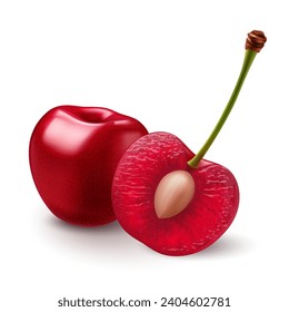 Ripe sweet Cherrys on white background. The cherries are both a deep red color with smooth, shiny skins. The halved cherry reveals the juicy, light pink flesh and the small pit in the center.