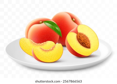 Ripe sweet peach or apricot on a white plate isolated on a transparent background. Whole, slices and half an peach with a pit. Healthy vitamin food. Realistic 3d vector illustration