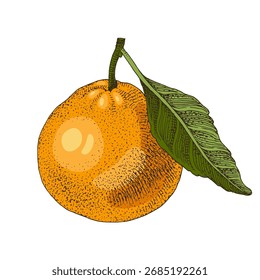Tangerina madura com ilustração de vetor de folha verde