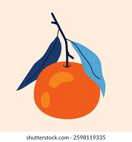 Ripe tangerine on branch with blue leaves. Citrus orange fruit. Aromatic sweet tangerine on beige background. 
