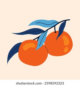 Ripe tangerine on branch. Citrus fruit. Sweet mandarin with blue leaves. Flat illustration on beige background.