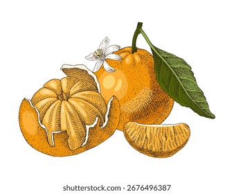 Mandarinas maduras dibujadas a mano Ilustración vectorial