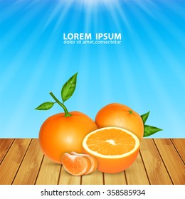 Ripe tangerines and orange fruit with green leaves and slices on wooden surface. Vector background. EPS10 vector