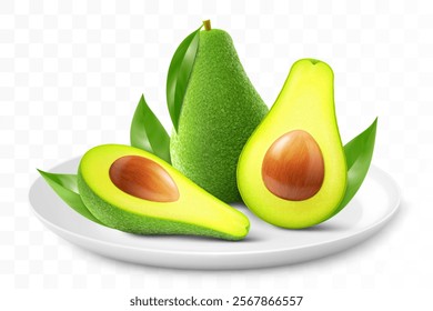 Ripe tasty avocado on a white plate isolated on a transparent background. Whole, slices and half an avocado with a pit. Healthy vitamin food. Realistic 3d vector illustration